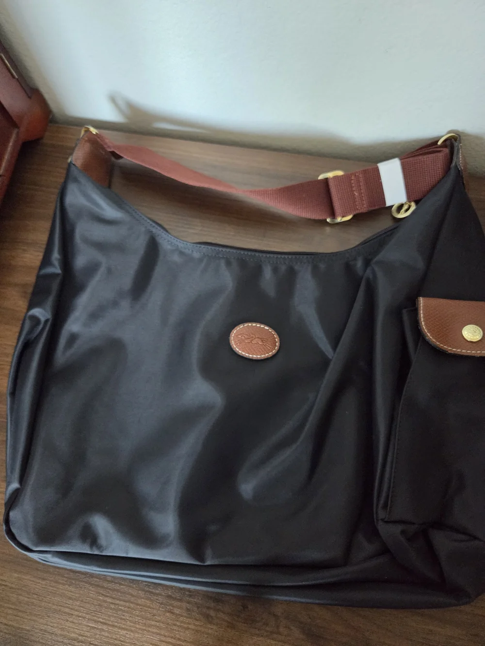 Longchamp Black Nylon Tote with Brown Leather Accents